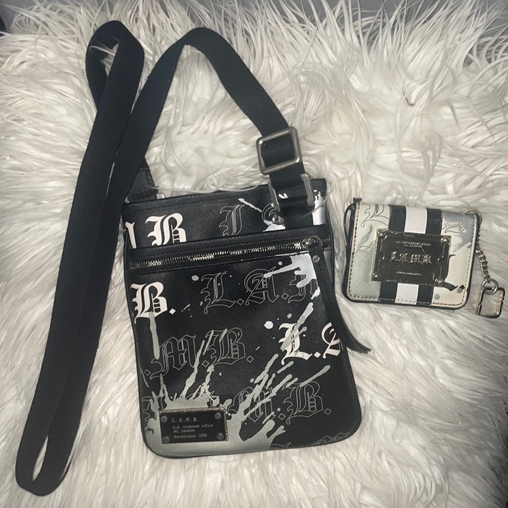 Gwen Stefani L.A.M.B. Crossbody Old English Splatter Paint Bag &FREE Card Wallet